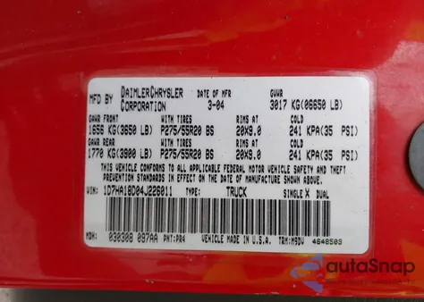 2004 Dodge Ram 1500 Slt/Laramie из США, поврежденный, VIN 1D7HA18D04J226011